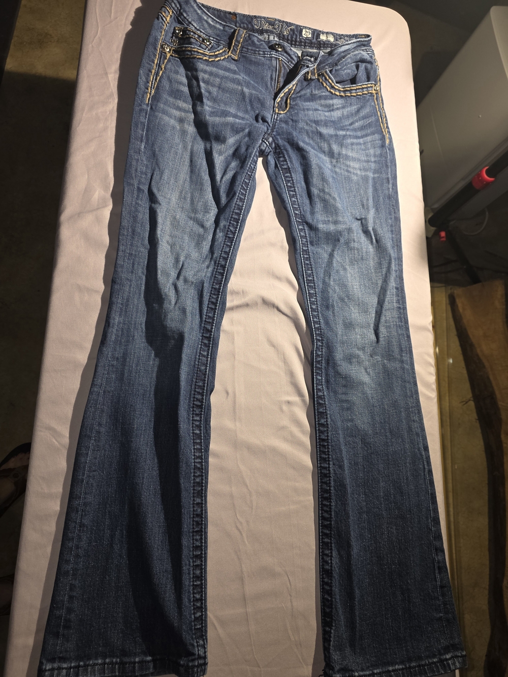 Miss Me Women's Boot Cut Jeans - Blue with Contrast Stitching 39/31.5 Inseam